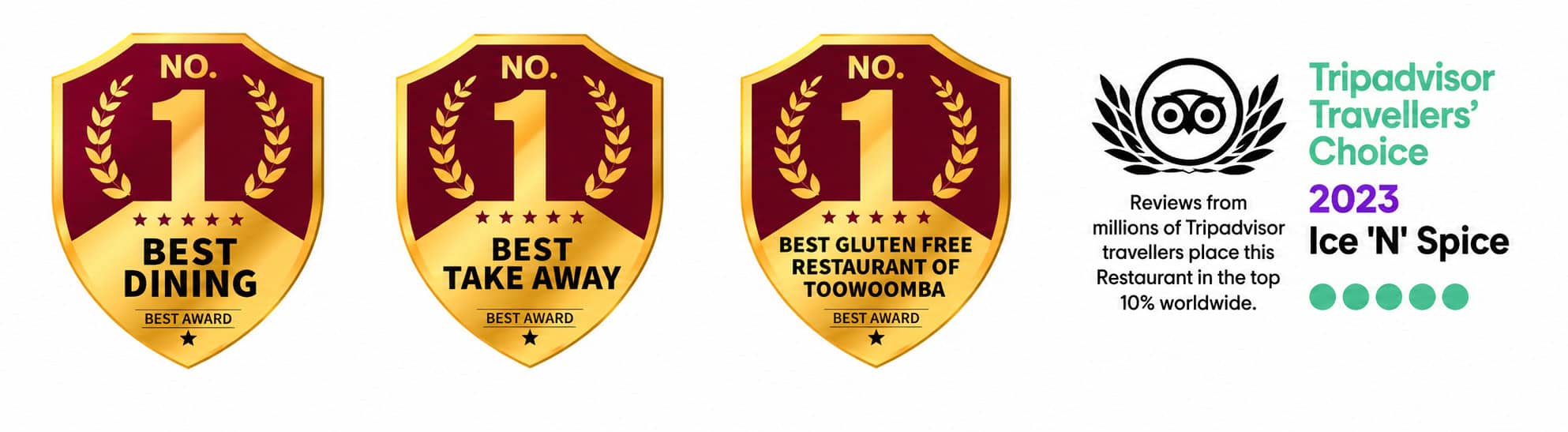 Ice n Spice awards including Best Dining, Best Take Away, Best Gluten Free Restaurant and Tripadvisor Travellers Choice 2023